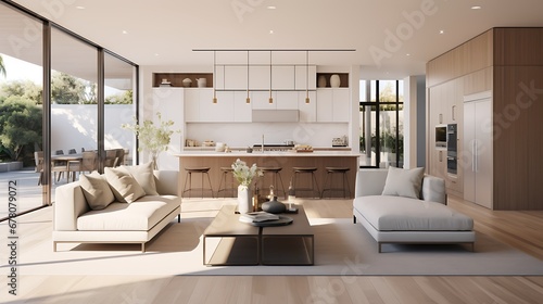 A modern minimalist home interior design with clean lines, sleek furniture, and neutral color palette, featuring an open-concept living space connected to a spacious kitchen, bathed in natural light  © Alin
