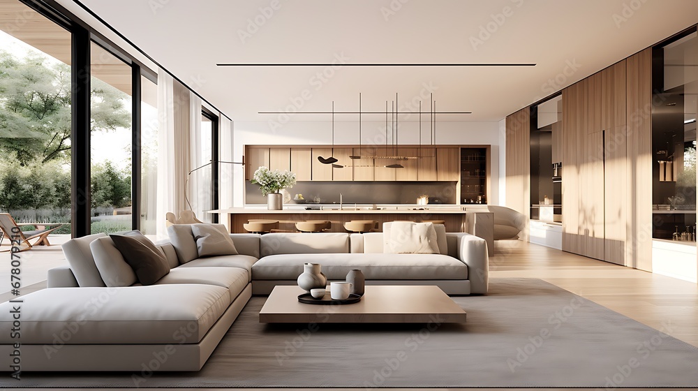 Fototapeta premium A modern minimalist home interior design with clean lines, sleek furniture, and neutral color palette, featuring an open-concept living space connected to a spacious kitchen, bathed in natural light 
