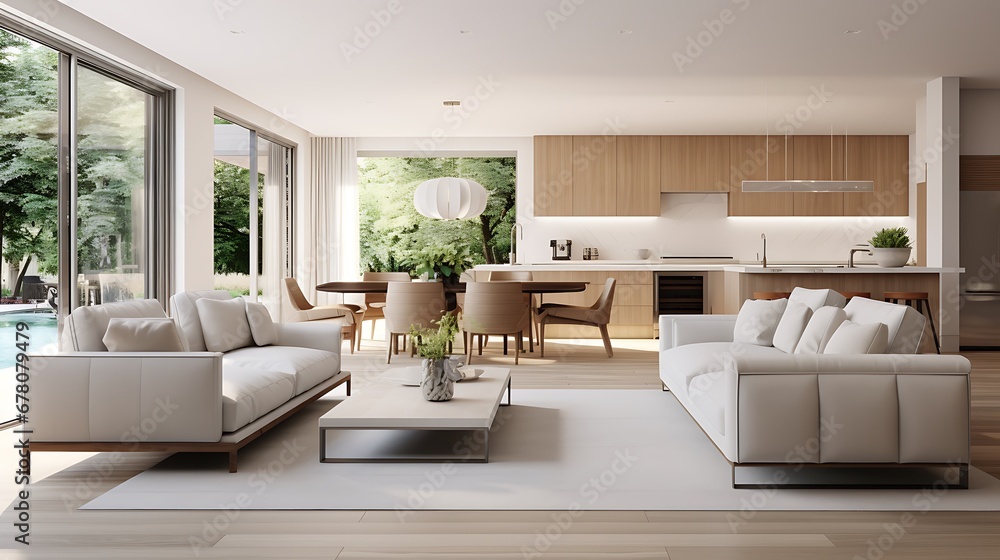 Fototapeta premium A modern minimalist home interior design with clean lines, sleek furniture, and neutral color palette, featuring an open-concept living space connected to a spacious kitchen, bathed in natural light 