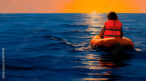 Person in life jacket on orange lifeboat in open sea. 