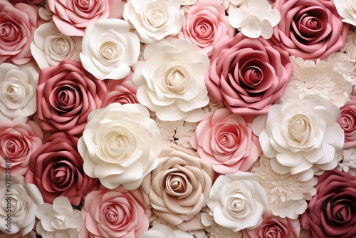 White and pink roses forming a beautiful background. Generative AI