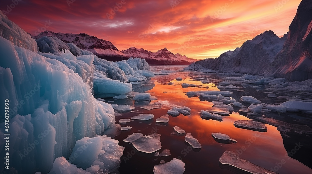 Sunset Glow on Glacier: The warm hues of a sunset casting a golden glow on a glacier, creating a mesmerizing play of light and ice