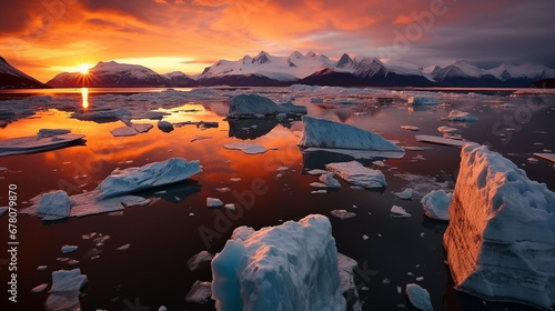 Sunset Glow on Glacier: The warm hues of a sunset casting a golden glow on a glacier, creating a mesmerizing play of light and ice