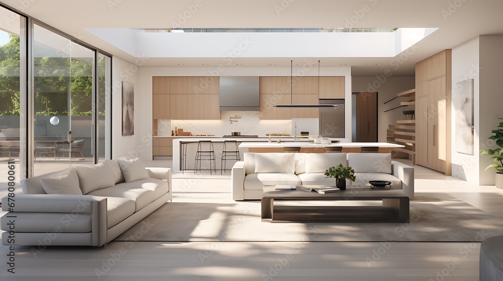 A modern minimalist home interior design with clean lines, sleek furniture, and neutral color palette, featuring an open-concept living space connected to a spacious kitchen, bathed in natural light A modern minimalist home interior design with clean lines, sleek furniture, and neutral color palette, featuring an open-concept living space connected to a spacious kitchen, bathed in natural light