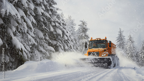Snowplow on a winter road room for text created with Generative AI technology © Laughing Cat