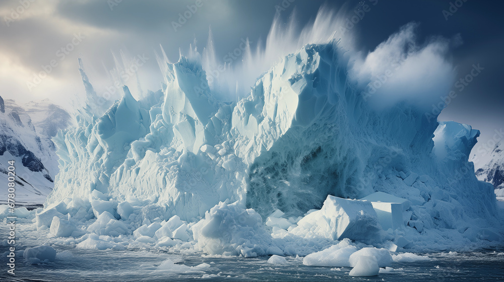 Glacial Calving: A dynamic shot capturing the moment of glacial calving, with massive ice chunks breaking off into the water