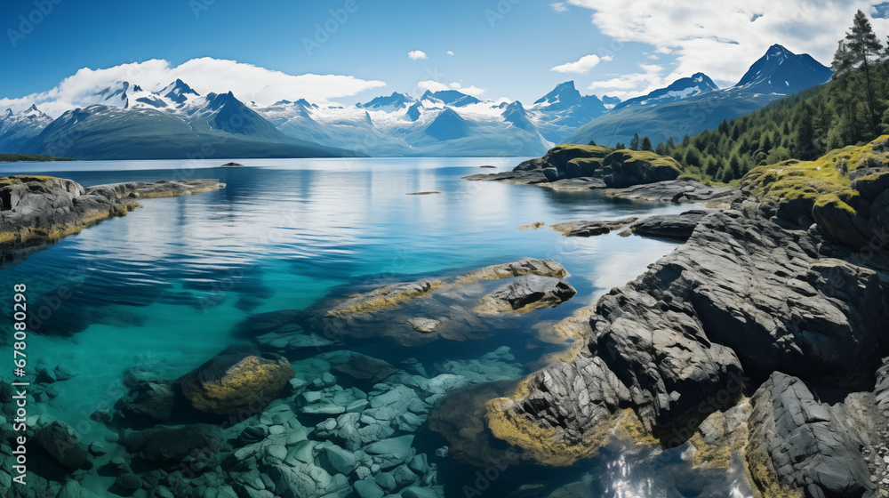 Glacier Bay Panorama: A panoramic view of a glacier bay surrounded by snow-capped mountains, creating a stunning natural tableau