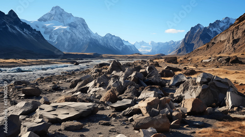 Glacial Moraine Landscape: A landscape filled with glacial moraines, rocks, and debris left behind by the slow movement of glaciers photo