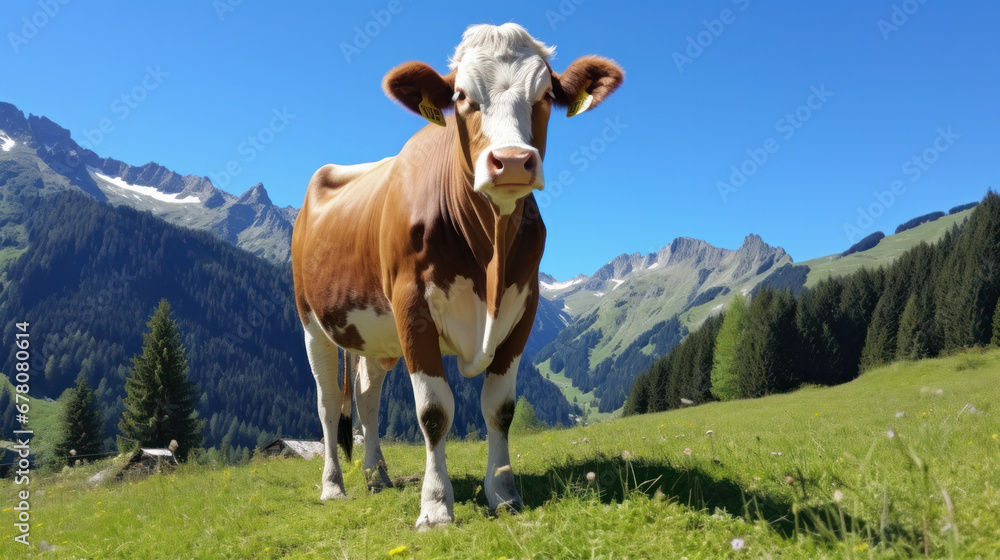 Animal background banner panorama - Funny cow in the mountains Alps, on green fresh meadow