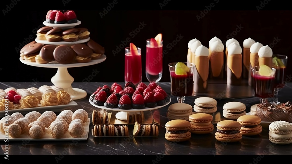 a decadent dessert table at a special occasion, where éclairs take center stage, arranged in a tantalizing cascade of flavors and colors
