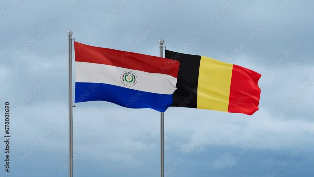 Belgium flag and Paraguay flag waving together on cloudy sky, endless seamless loop, two country relations concept Belgium flag and Paraguay flag waving together on cloudy sky, endless seamless loop, two country relations concept