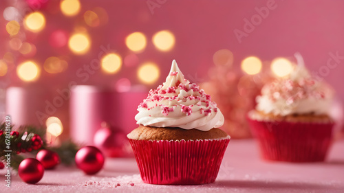 Delicious cupcake on christmas background. Generative Ai