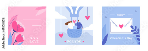 Valentine's Day illustrations set. Collections of beautiful romantic postcards for 14 February with couple of lovers, flowers and love letter. Seasonal holiday banner concept. Vector illustration.