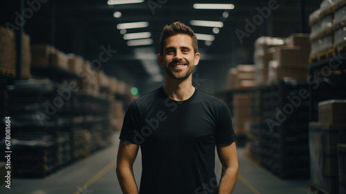 Business owner in black t-shirt standing in industrial plant
