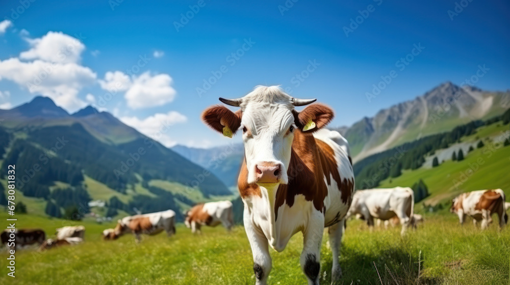 Animal background banner panorama - Funny cow in the mountains Alps, on green fresh meadow Animal background banner panorama - Funny cow in the mountains Alps, on green fresh meadow