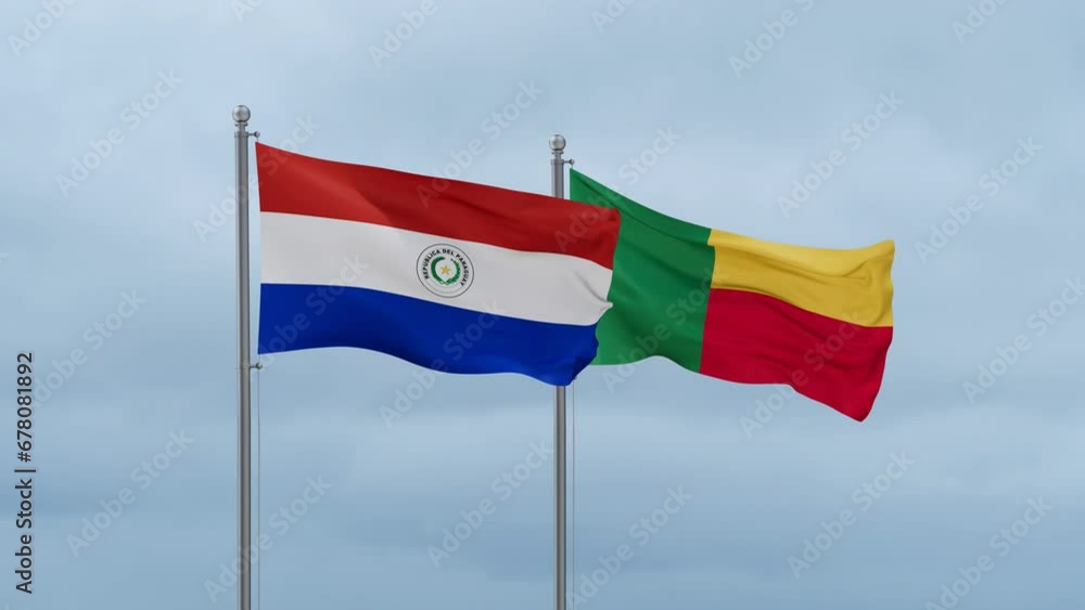 Paraguay flag and Benin flag waving together on cloudy sky, endless seamless loop Paraguay flag and Benin flag waving together on cloudy sky, endless seamless loop