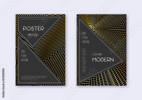 Black cover design template set. Gold abstract lin
