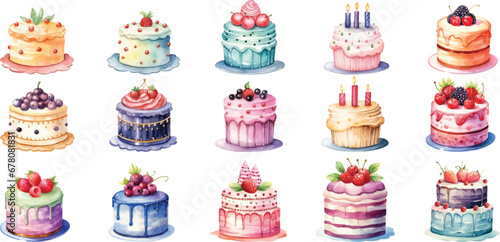 Set of watercolor birthday cakes on white background.