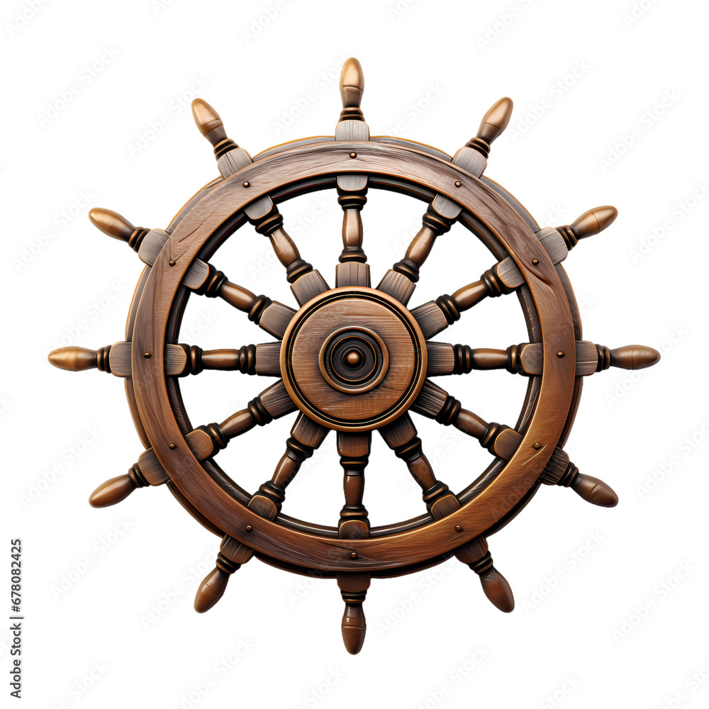 Ship steering wheel on transparent background, white background, isolated, material