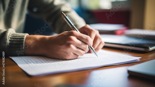 A person's hand is seen writing notes with a pen on a piece of paper, suggesting a moment of study or work at a desk. photo