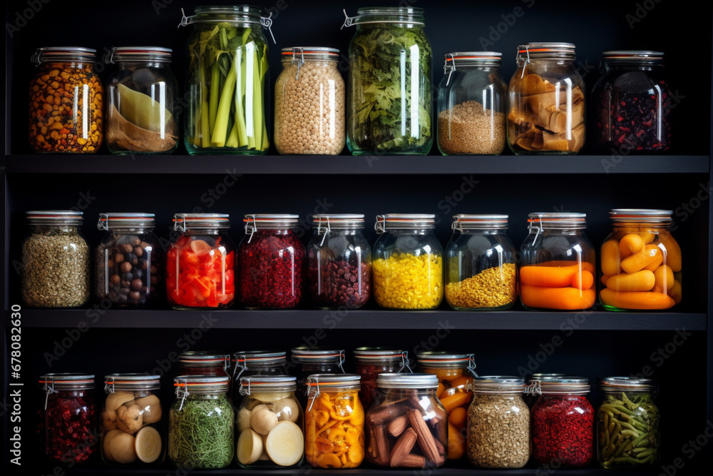 Organised Pantry Items, Non Perishable Food Staples, Healthy Eatings, Fruits, Vegetables And Preserved Foods In Jars On Kitchen Shelf, aesthetic look Organised Pantry Items, Non Perishable Food Staples, Healthy Eatings, Fruits, Vegetables And Preserved Foods In Jars On Kitchen Shelf, aesthetic look