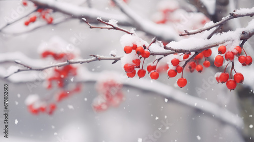 A serene winter scene where red berries and tree branches are delicately frosted with white snow and ice crystals, highlighting the cold beauty of nature