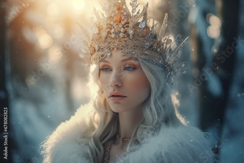 Snow queen winter forest sunny day. Young beauty art cold fashion. Generate Ai
