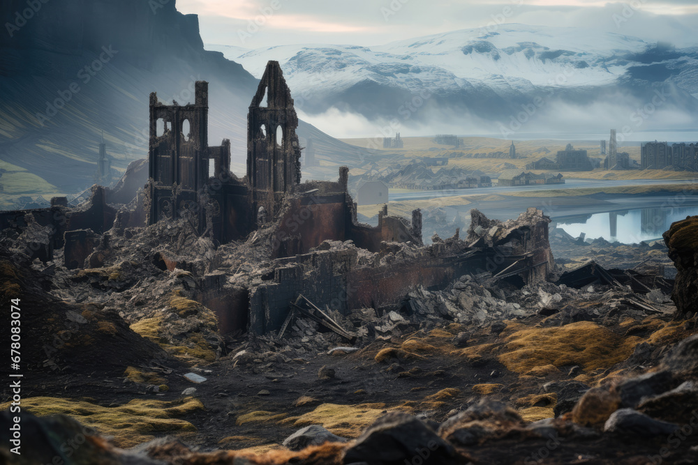 Iceland, the ruins of the city of Grindavik after a volcanic eruption