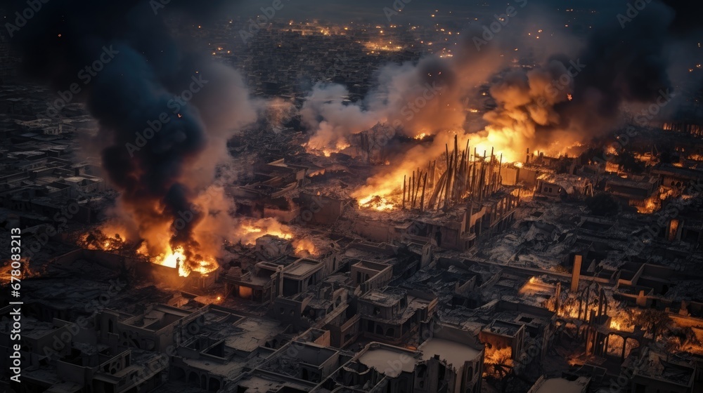 Aerial view of a city in the Middle East destroyed by an aerial bomb explosion with thick smoke billowing Aerial view of a city in the Middle East destroyed by an aerial bomb explosion with thick smoke billowing