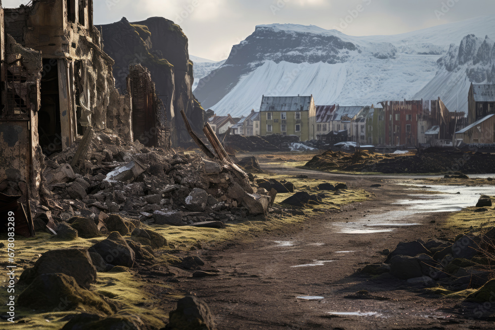 Iceland, the ruins of the city of Grindavik after a volcanic eruption