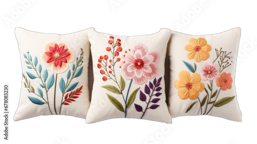 Floral Embroidered Pillows Isolated on Transparent or White Background, PNG