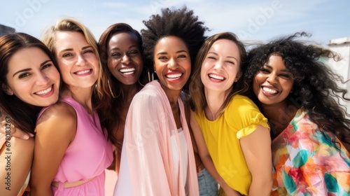 Multi racial group of young women looking at camera happily smiling. Girls enjoying vacation at resort, holidays happy weekend. American females at girls party. Leisure concept.