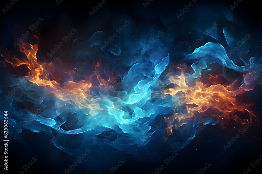 Background Abstract Texture. Black, blue and orange flame. Artistic design of flames that represents heat, power, hell, passion and danger. Pattern to make wallpaper along walls of houses, building. - obrazy, fototapety, plakaty 