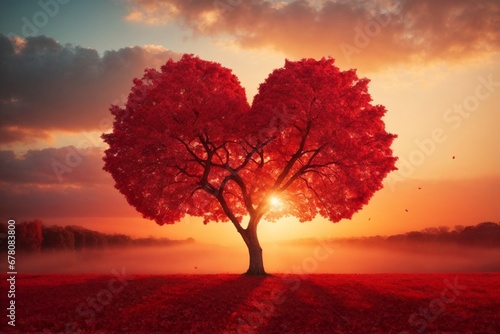 Valentine s day background with heart shaped tree in the field