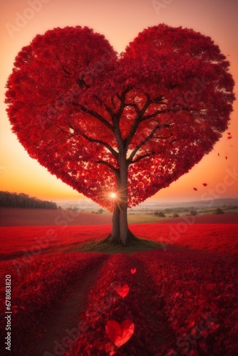 Valentine s day background with heart shaped tree in the field