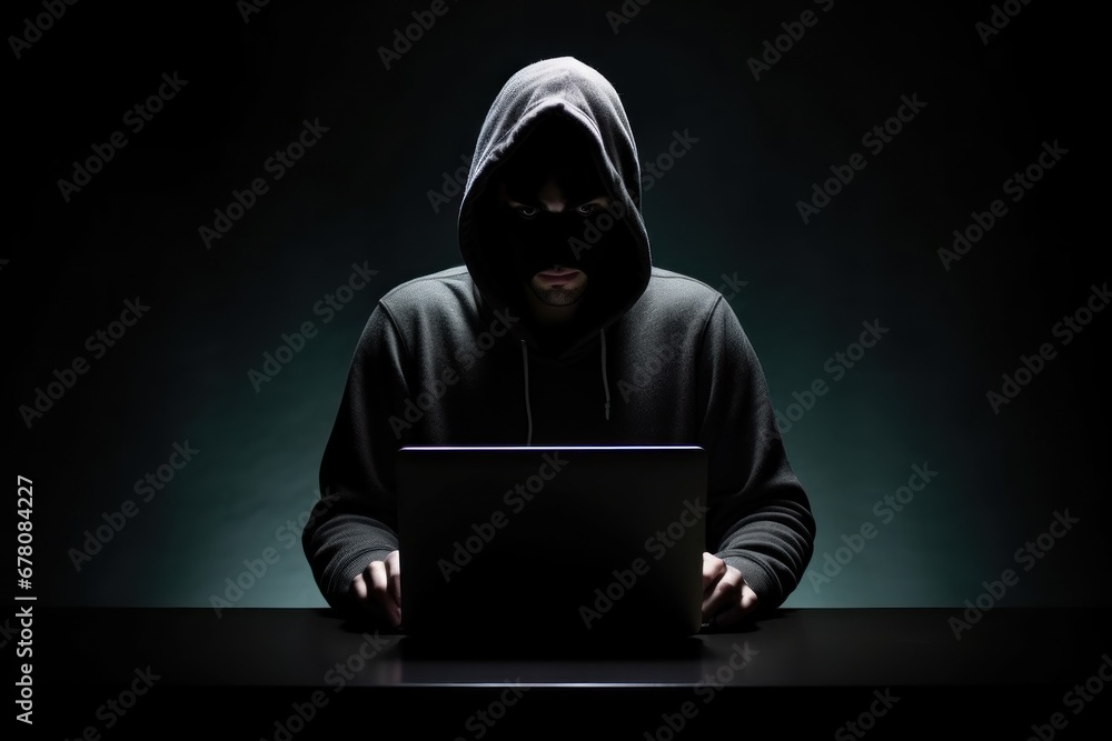 Man hacker with serious expression hacks websites using technology amid miscalculations. Illegal activities and hacking competitive person in online space. Computer knowledge and skills to access info Man hacker with serious expression hacks websites using technology amid miscalculations. Illegal activities and hacking competitive person in online space. Computer knowledge and skills to access info