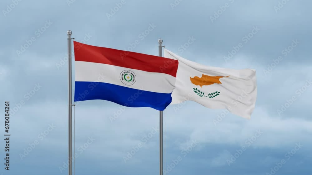 Cyprus flag and Paraguay flag waving together on cloudy sky, endless seamless loop, two country relations concept Cyprus flag and Paraguay flag waving together on cloudy sky, endless seamless loop, two country relations concept