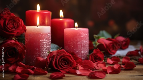 romantic interior with red burning candles and roses
