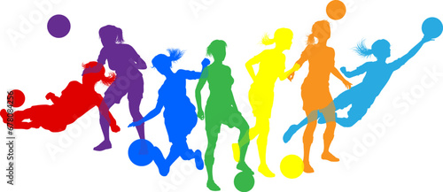Silhouette women soccer female football player set. Active sports people healthy players fitness silhouettes concept.