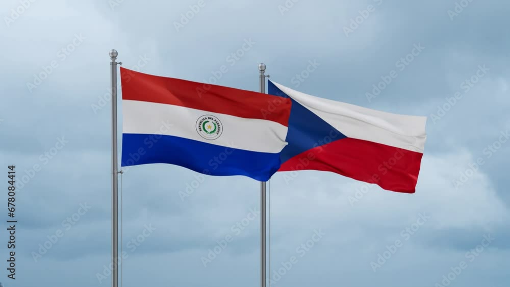 Czech Republic flag and Paraguay flag waving together on cloudy sky, endless seamless loop, two country relations concept Czech Republic flag and Paraguay flag waving together on cloudy sky, endless seamless loop, two country relations concept