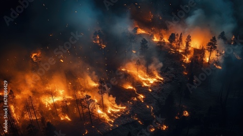 Aerial view of a forest fire with dense smoke at night © theupperclouds
