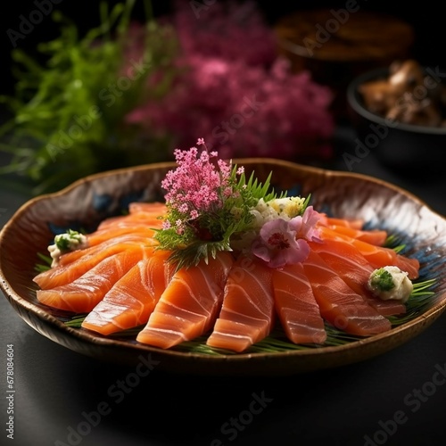 a vibrant plate of salmon sashimi, highlighting the luscious and fresh cuts of raw salmon that melt in your mouth