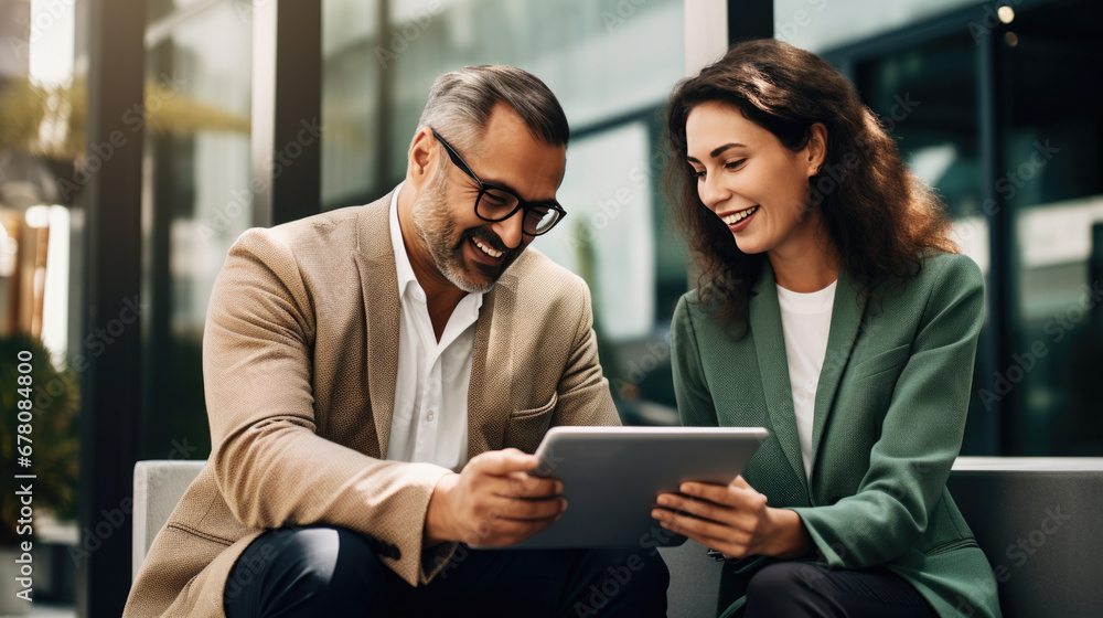 Happy colleagues in business casual attire are standing in an office atrium, smiling and looking at a tablet together. Happy colleagues in business casual attire are standing in an office atrium, smiling and looking at a tablet together.