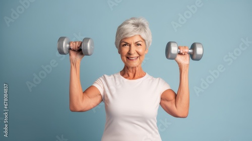 Active Aging: Senior Woman Engaging in Exercise with Dumbbells, Promoting Health and Well-Being through Physical Activity.