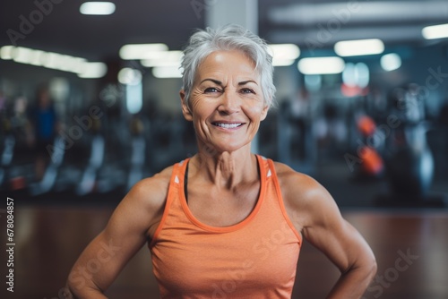 Older Woman in Gym smiling, Smiling senior woman in a gym, very fit photo