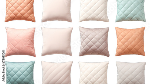 Quilted Pastel-Colored Pillows Isolated on Transparent or White Background, PNG