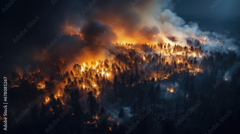 Aerial view of a forest fire with dense smoke at night Aerial view of a forest fire with dense smoke at night