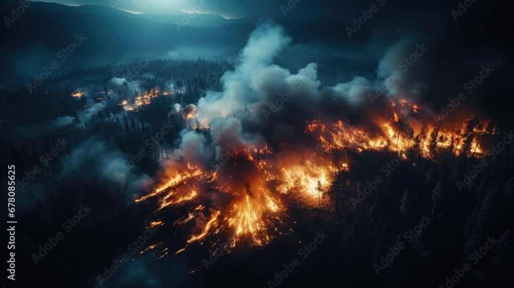 Aerial view of a forest fire with dense smoke at night