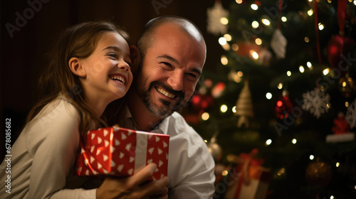 A father and daughter are sharing a joyful moment as they hold a festively wrapped Christmas gift