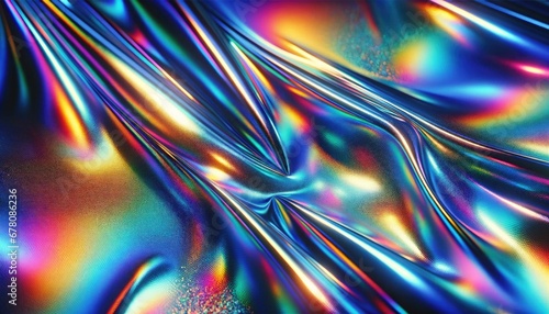 Holographic Texture. Vibrant, iridescent abstract pattern with a fluid, metallic ripple effect photo